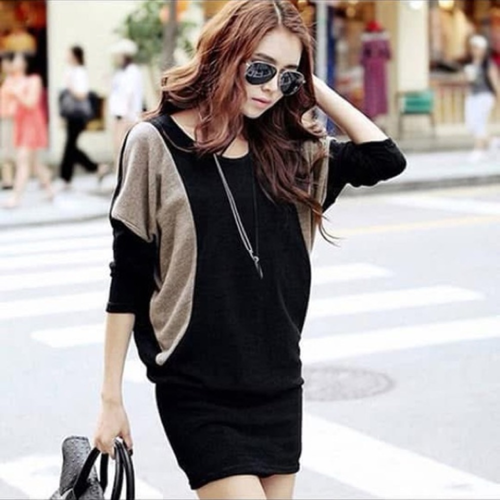 Color Block Long Sleeve Mini Dress Black & Taupe Casual Bodycon Dress